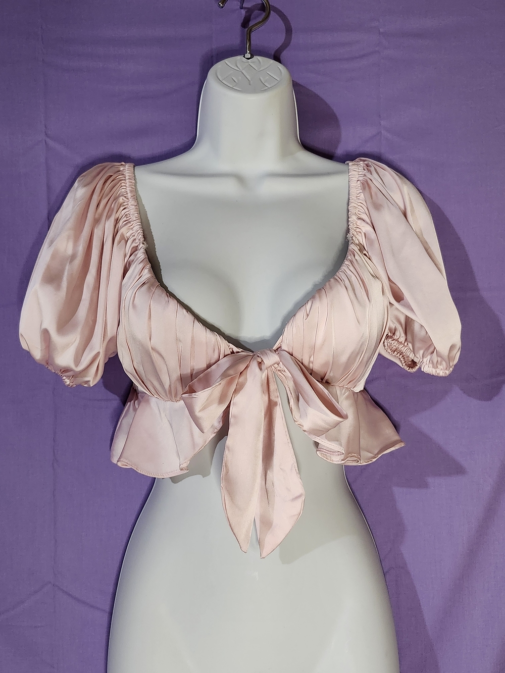 Women's Blush Pink Tie-Front Puff Sleeve Crop Top
